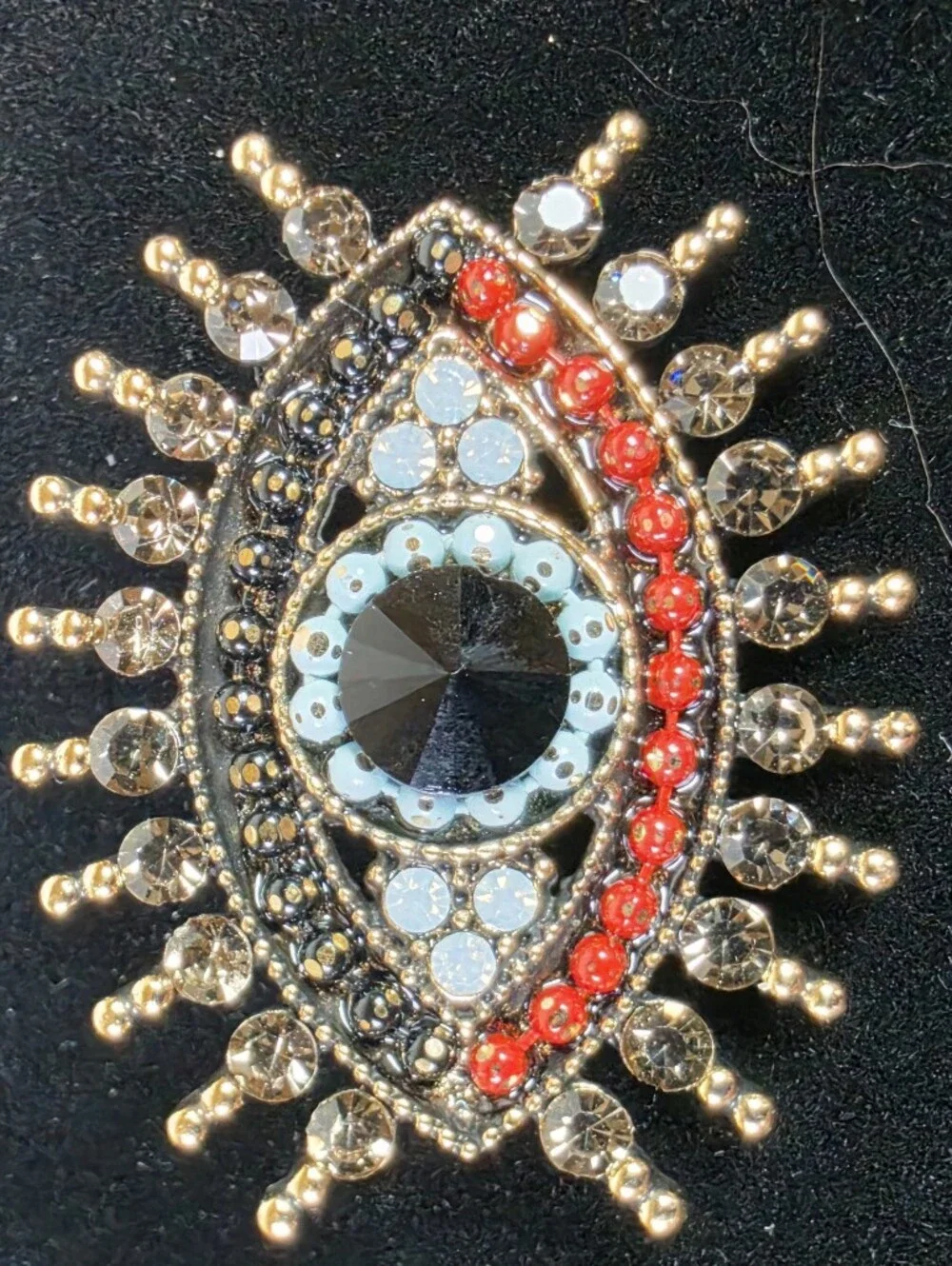 Gold Tone Eye Brooch Pin with Black Center and Red Accents